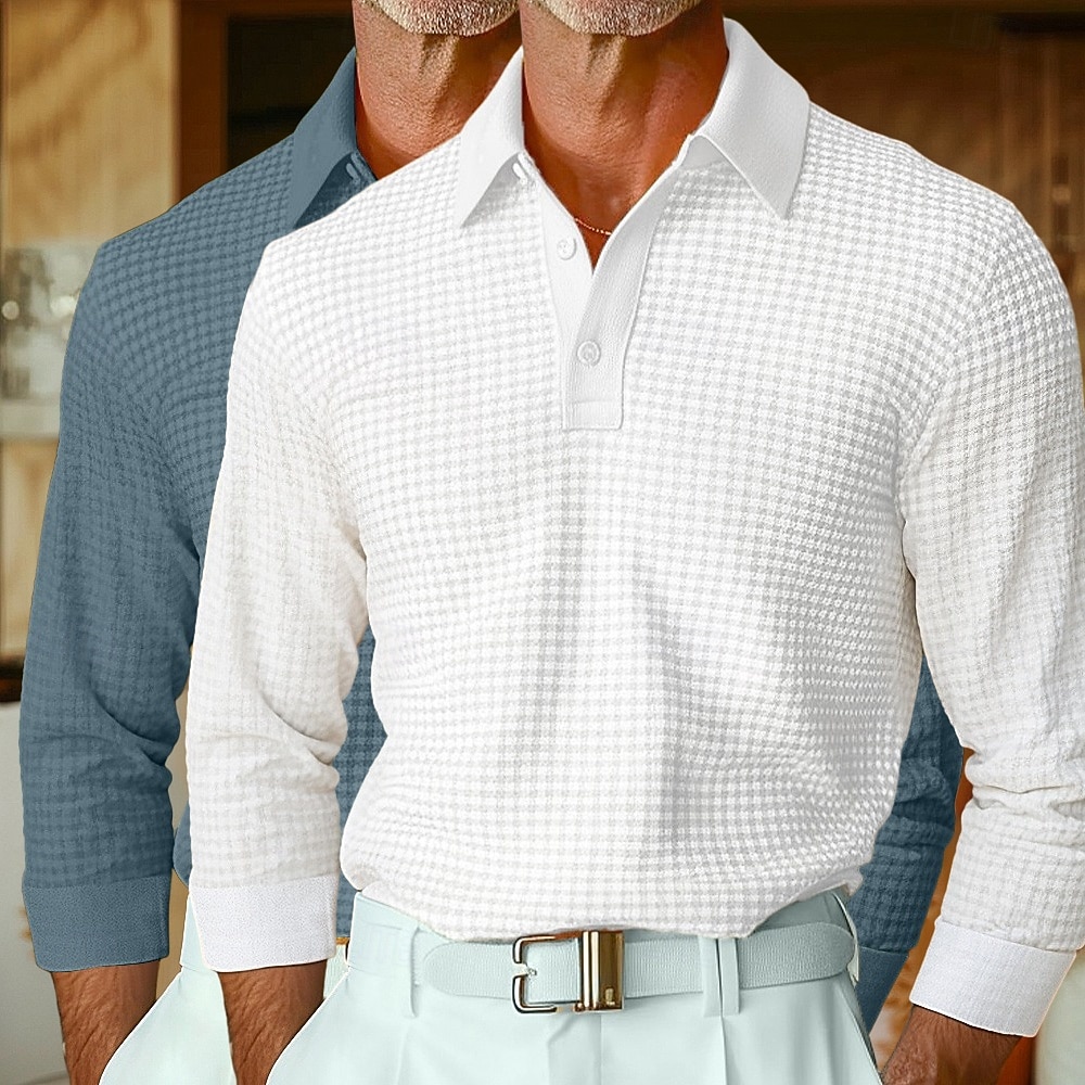 Herren Waffel-Poloshirts Golfshirt Langarm Kragen Revers Frühling Herbst Ganzjahres Einfach Texture Basic Modern Lässig 2 teilig Knöpfe Straße Lässig Sport A B C Top T-Shirt für Herren 2025 - $40.99 –P3