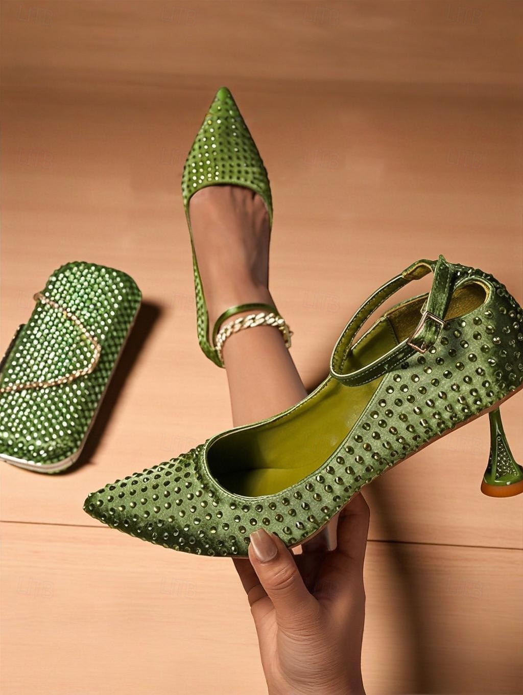 Women's Green Rhinestone Heels and Matching Clutch Bag Set - Elegant Pointed Toe Pumps with Ankle Strap for Formal Events and Cocktail Parties 2025 - $99.99 –P3