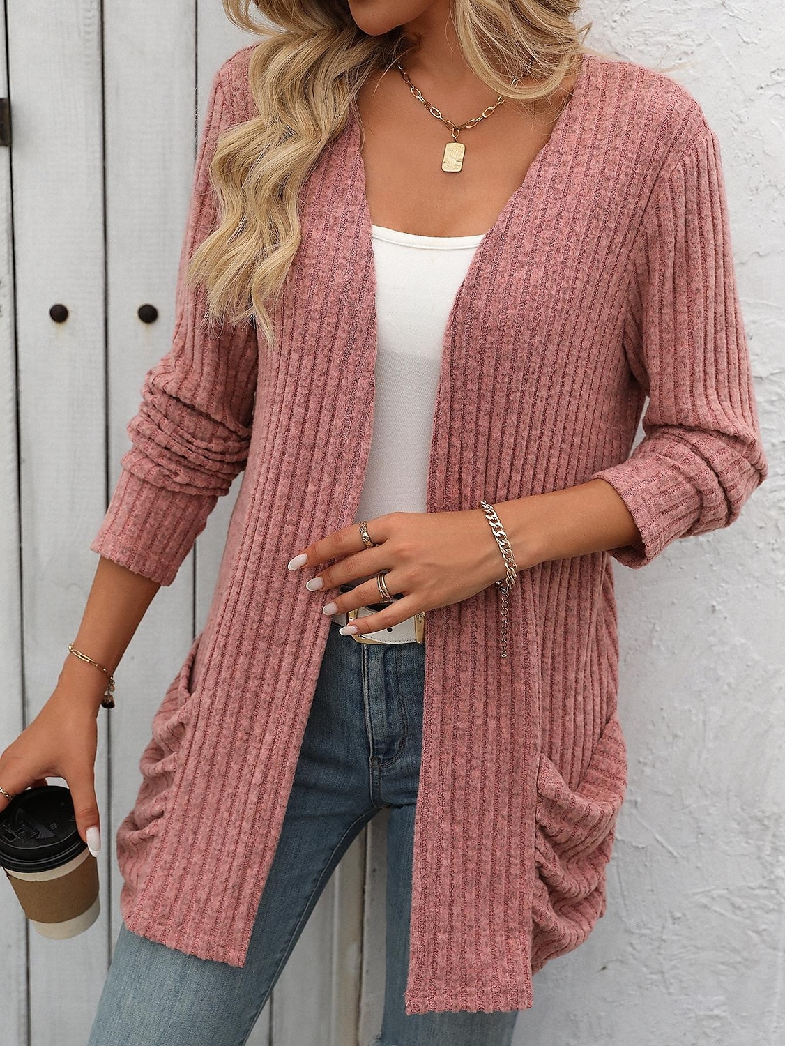 Dam Vinterkappa Bekväm Andningsfunktion Ficka Öppen front Elegant Ledigt Slät Semester Gata Ledigt Dagliga kläder Öppen front Normal Kraglös Normal Långärmad Ytterkläder Rodnande Rosa Rubinrött Blå 2025 - $27.99 –P10