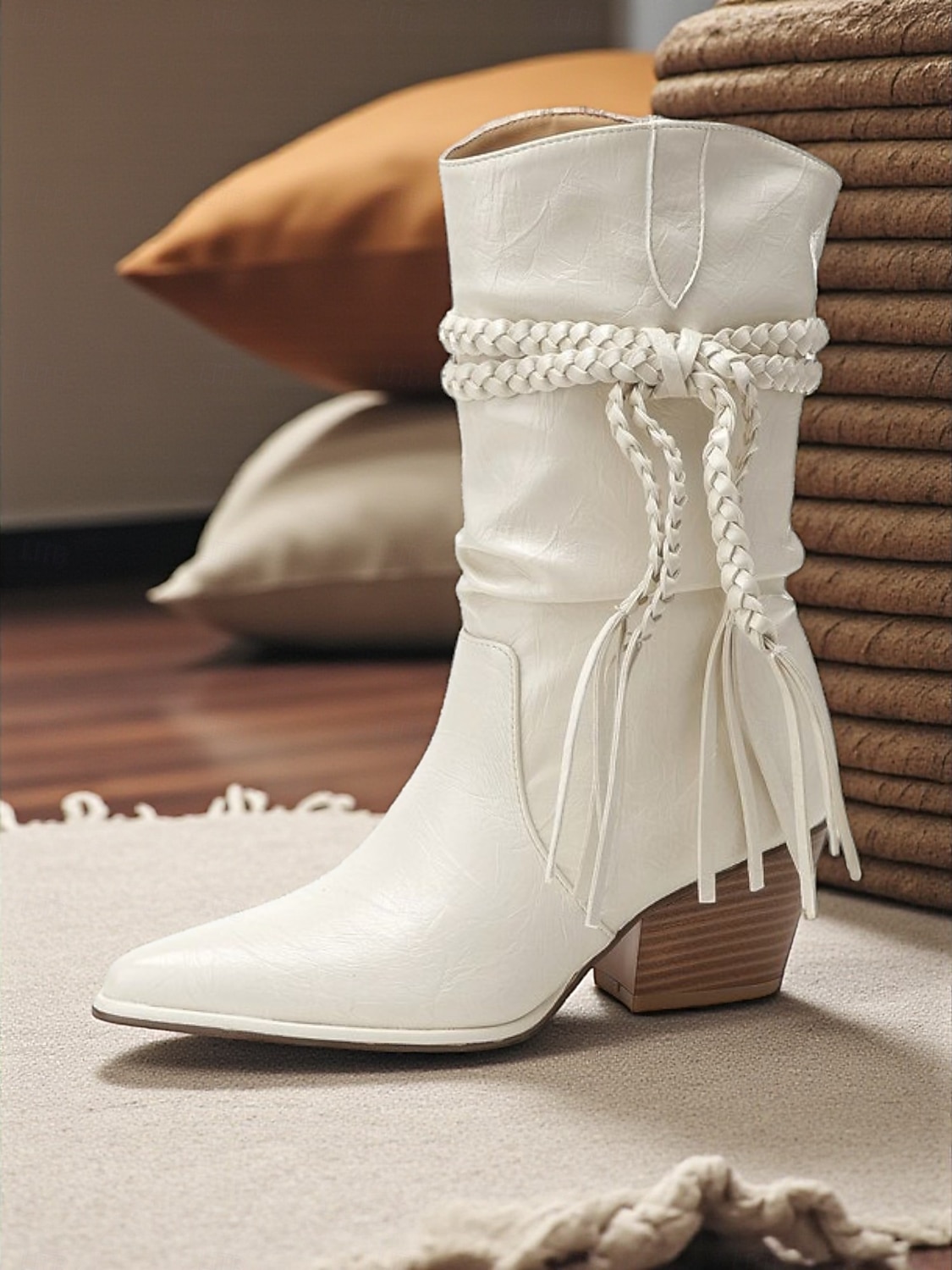 Botas femininas de camurça boêmia de cano médio com design de borlas trançadas e salto grosso - calçado casual estilo retrô western para festas e festivais de 2025 por $42.99 –P1