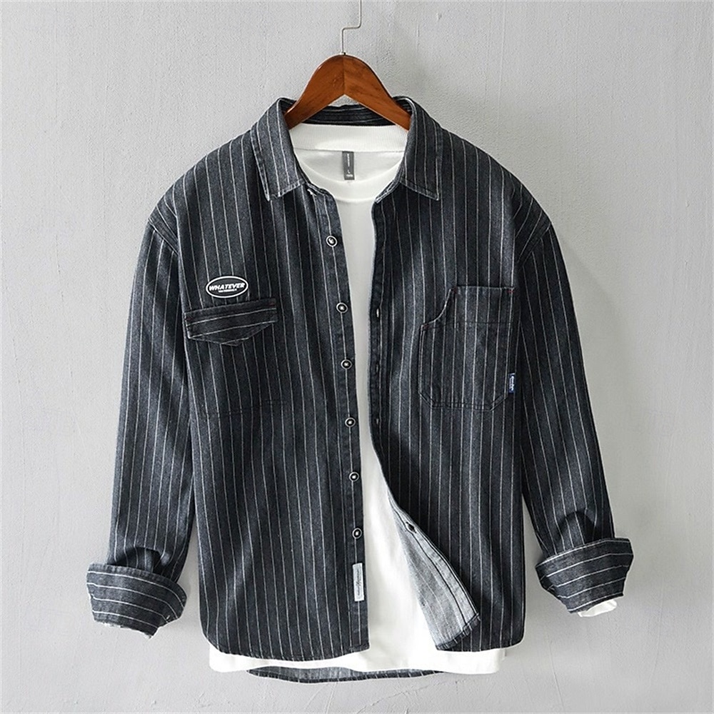 Herren Hemd Sommerhemd Freizeithemd Strandhemd Knopfhemd Schwarz Blau Langarm Gestreift Revers Urlaub Hawaiianisch Tasche Bekleidung Polyester Mode Lässig Bequem 2026 - $39.99 –P5