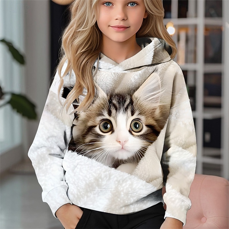 Flickor 3D Katt Huvtröja Långärmad Höst Vinter Mode Förtjusande Grundläggande Barn 4-12 år Huva Utomhus Ledigt Dagligen Normal 2025 - $18.99 –P2