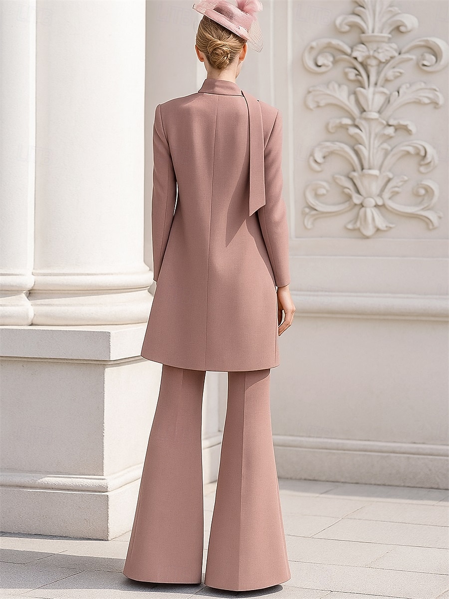 Two Piece Pantsuit Floor Length Wedding Guest Dress Mother of the Bride Dress Long Sleeve V Neck Elegant Simple Wedding Guest Spandex with Flower Solid Color 2026 - $172.99 –P2