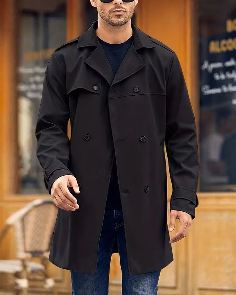 Herren Mantel Trenchcoat Langer Trenchcoat Urlaub Täglich Frühling Herbst Polyester Winddicht Oberbekleidung Bekleidung Mode Klassisch Einfach Tasche Revers Doppelreihig 2025 - $44.99 –P10
