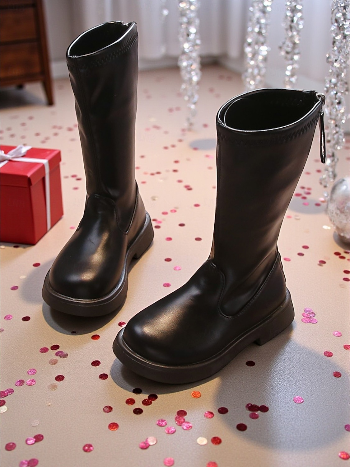 Koreaanse idool geïnspireerde popster kostuum schoenen meisjes witte imitatie leren halfhoge laarzen met rits aan de zijkant, comfortabele zool, modieuze performance schoenen voor op het podium, dans 2026 - $34.99 –P6