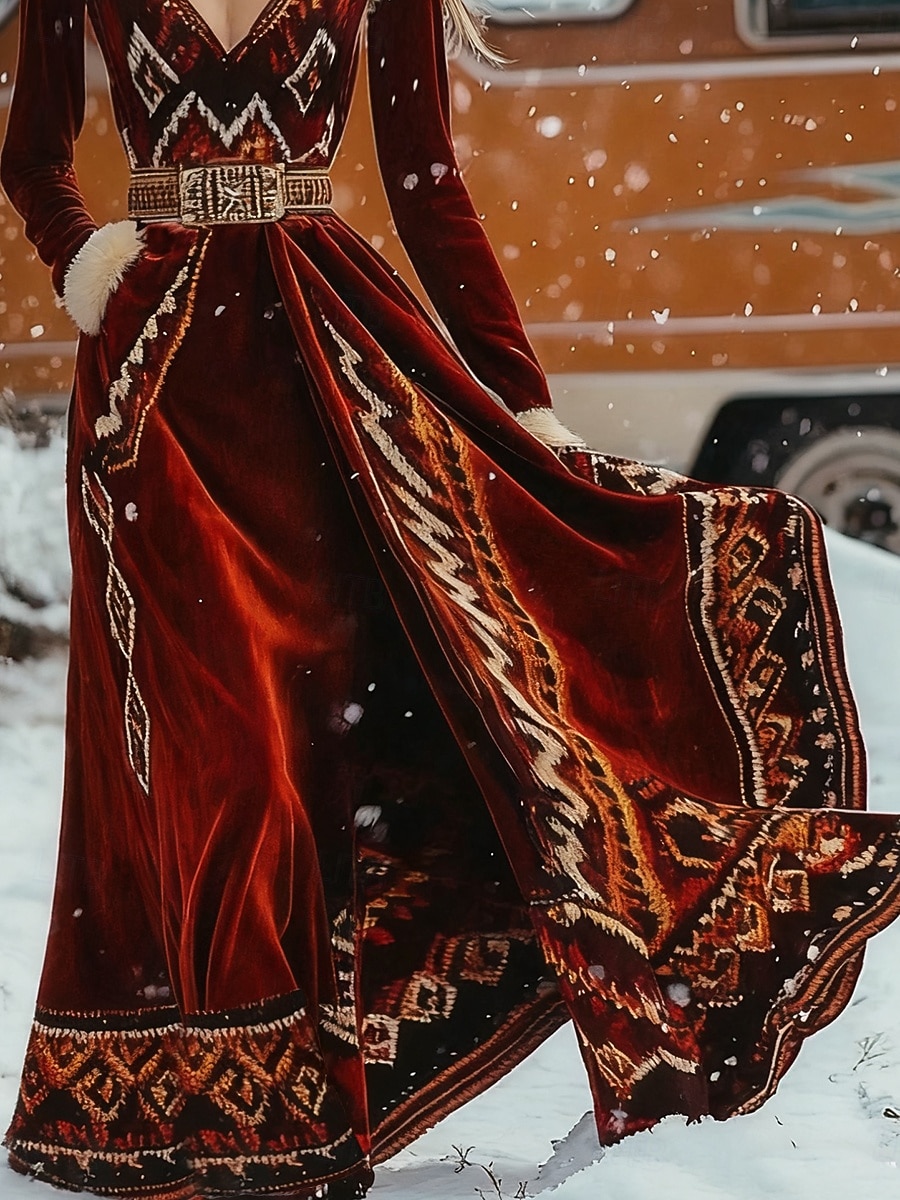 Damen Maxikleid A Linie Kleid Lässig Täglich Normale Passform Ethnisch Langarm V Ausschnitt Wein Herbst Winter 2025 - $49.99 –P2