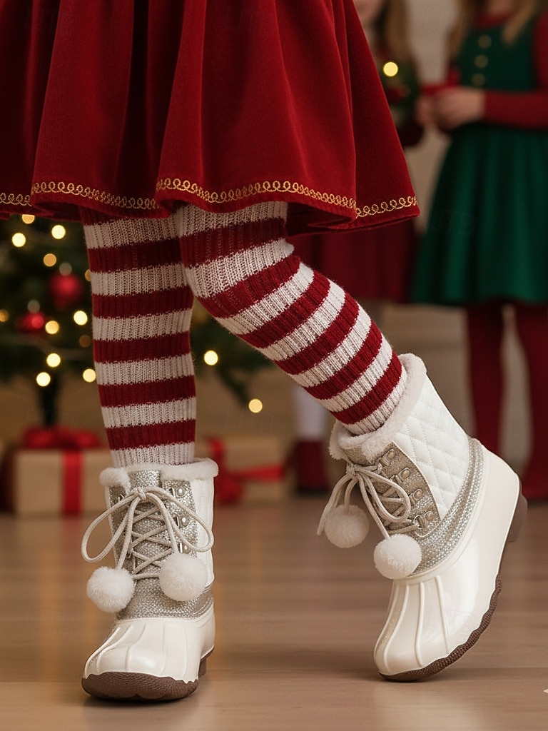 2025年 女の子の冬用スノーブーツ - フェイクファーの裏地、グリッターのディテール、ポンポンのレースが付いた暖かいキルティングアンクルブーツで、アウトドアに最適です。  コレクション – $46.99 –P4