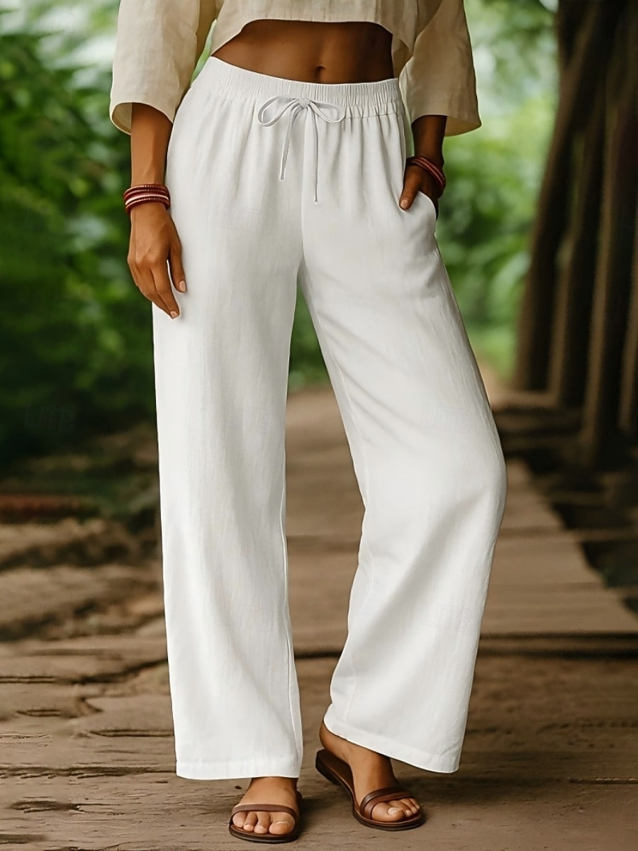 Per donna Pantaloni in cotone e lino Gamba larga Chinos Vintage Essenziale Casual Lunghezza intera Vita Alta Semplice Tasca Fascia Elastica Comodo Morbido Confortevole Elasticizzato All'aperto del 2025 a $19.99 –P8