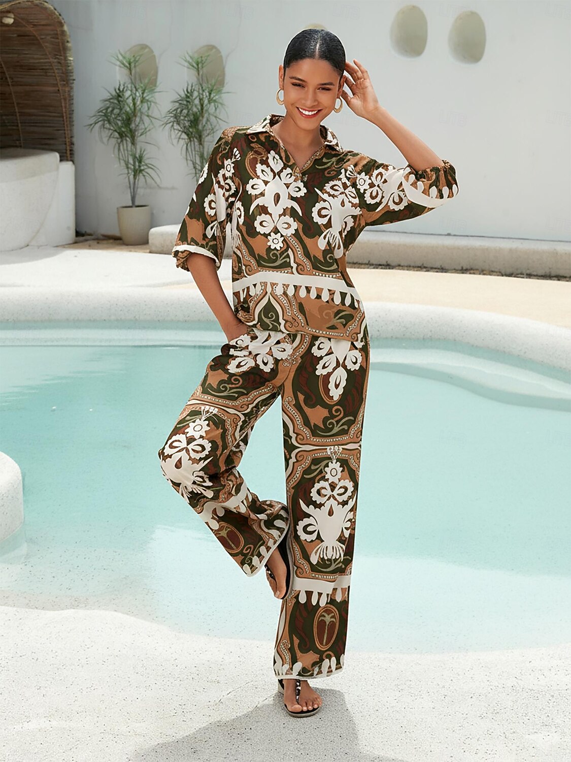 Damen Weiblich Blumenmuster Lässig Armeegrün Bestickt 3/4 Ärmel Elegant Bohemien Urlaub Hemdkragen Sommer Frühling 2025 - $61.99 –P4