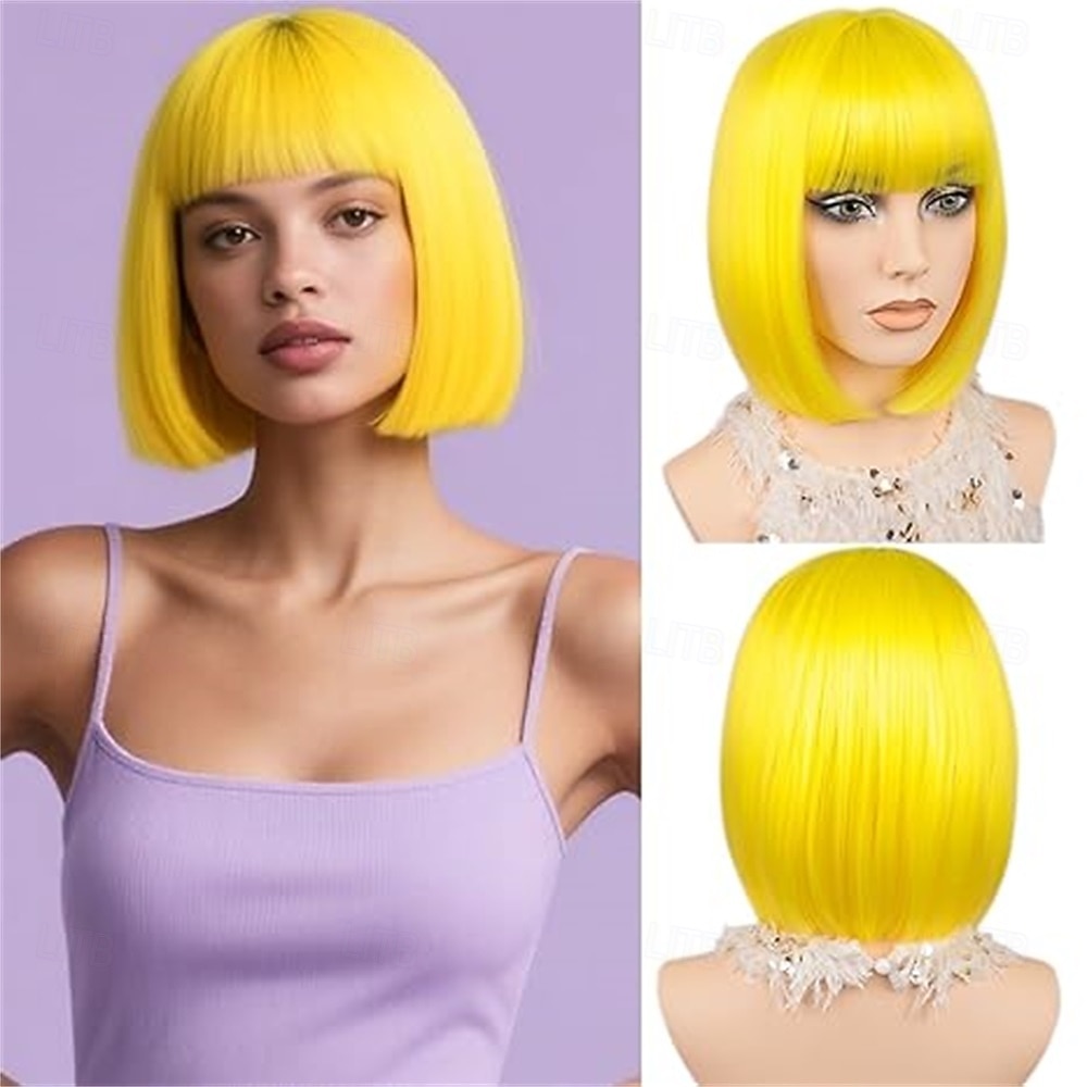 Peruca bob azul com franja curta e reta, peruca de cabelo sintético de 12 polegadas com aparência natural para uso diário em festas # azul bebê de 2026 por $16.49 –P2