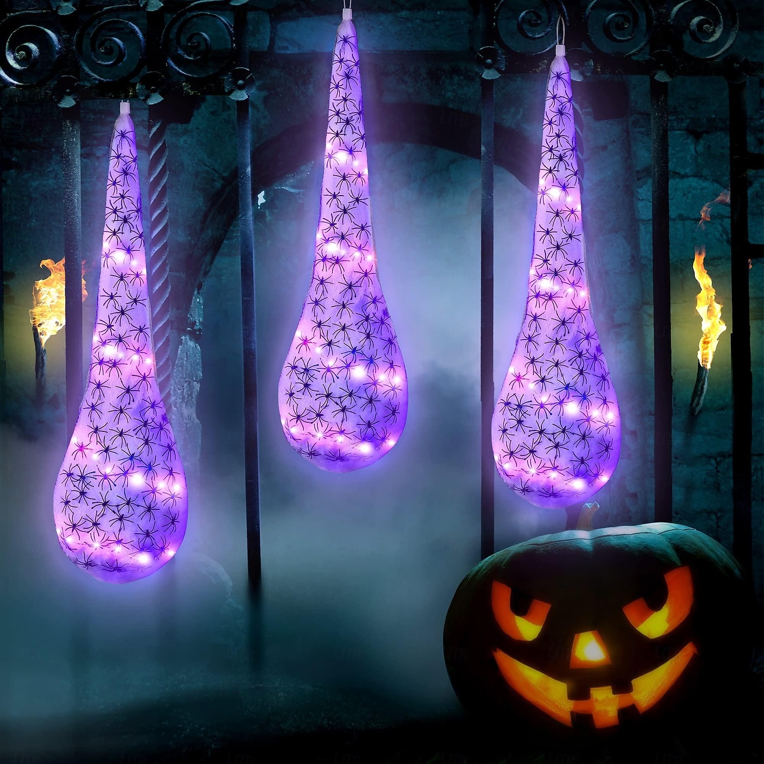 Zestaw 3 wiszących, podświetlanych jajek pająka, dekoracja na Halloween, duże woreczki z pająkiem i pajęczyną na Halloween z lampkami solarnymi, rekwizyty w kształcie pająka na imprezę Halloween w pomieszczeniach i na zewnątrz 2025 - $15.99 –P3