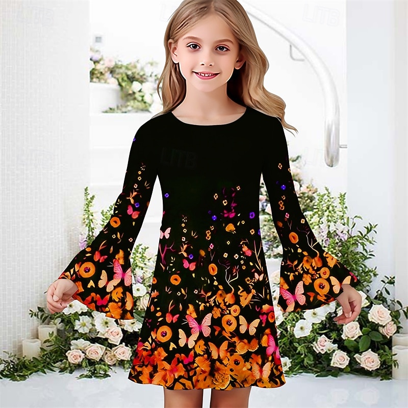 Girls ' 3D Mariposa Vestido Vestido de volante Manga Larga Verano Primavera Vacaciones Diario Festivos Hermosa Dulce Niños 4-12 años Vestido informal Hasta la Rodilla Ajuste regular 2026 - $15.99 –P5