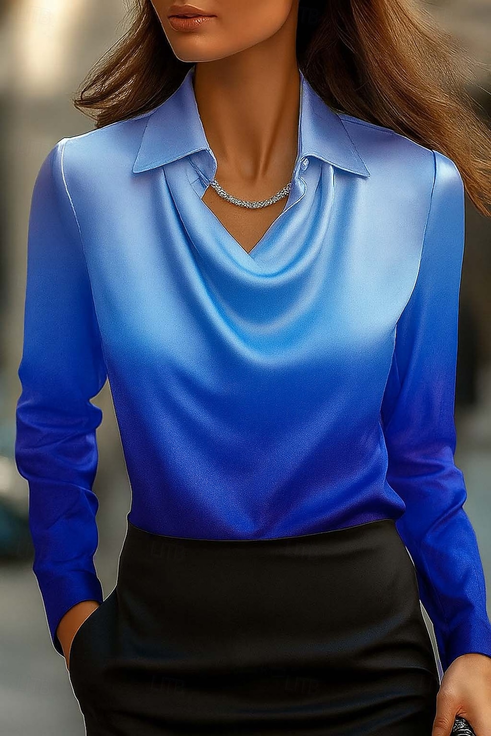 Damen Hemd Ombre Grafik Geometrisch Elegant Stilvoll Modern Langarm Wasserfallausschnitt Normale Oberteile Arbeit Party-Abendmode Täglich Gerafft Drapiert Weiß und Blau Blau Violett Frühling Herbst 2025 - $29.99 –P1