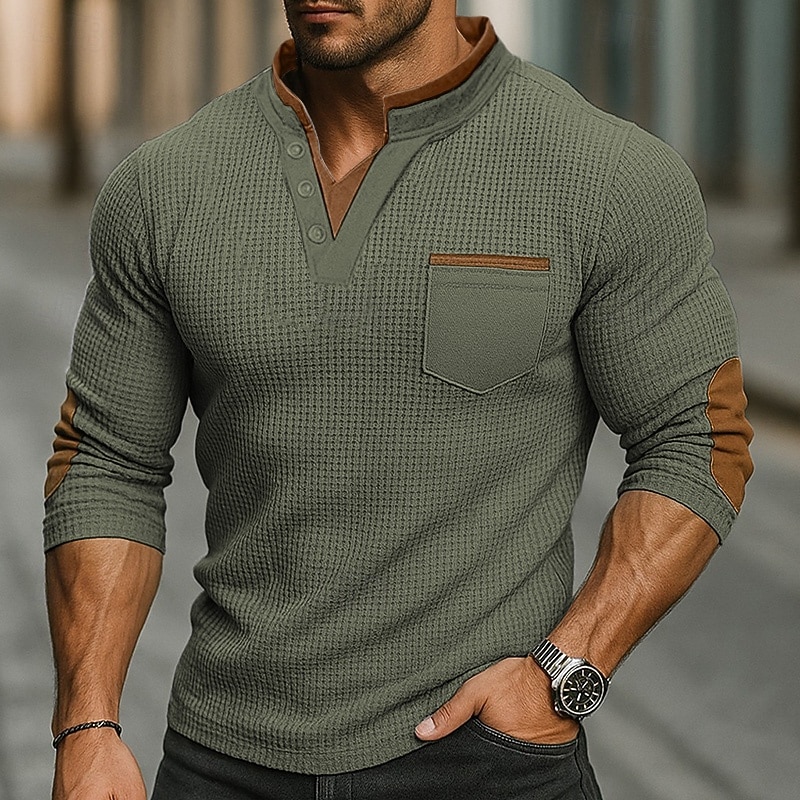 Herr Våffeltröja Waffle Henley Shirt Långärmad Hög krage Vår & Höst Alla årstider Ensfärgat Mode Grundläggande Ledigt Fickor falska två stycken Gata Ledigt Sport Svart Marinblå Armégrön Topp t-shirt 2025 - $21.99 –P5
