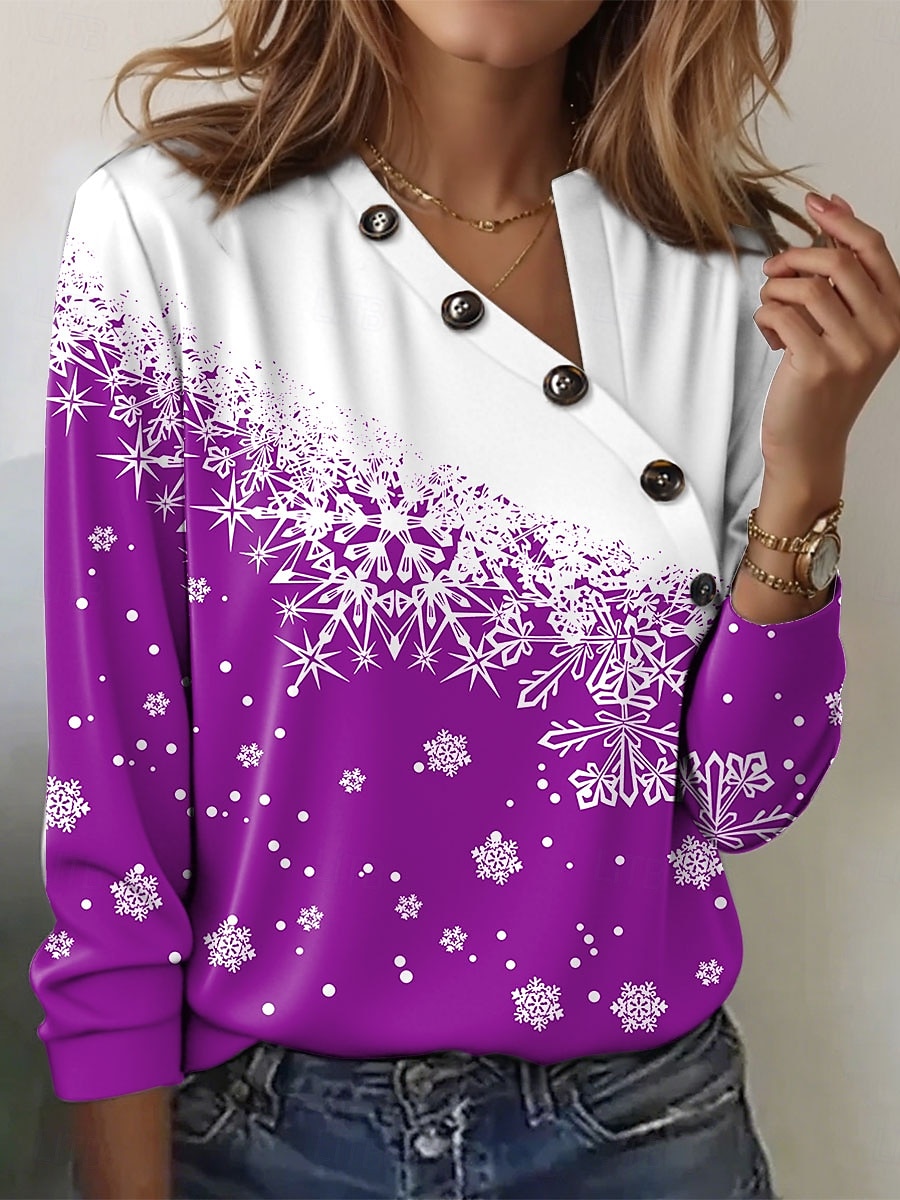 Crăciun Pentru femei Tricou Geometric Fulg zăpadă Casual Manșon scurt Manșon Lung În V Topuri obișnuite Zilnic Nasturi Imprimeu Roșu-aprins Albastru piscină Mov Trifoi Gri Vară Iarnă 2025 - $24.99 –P3