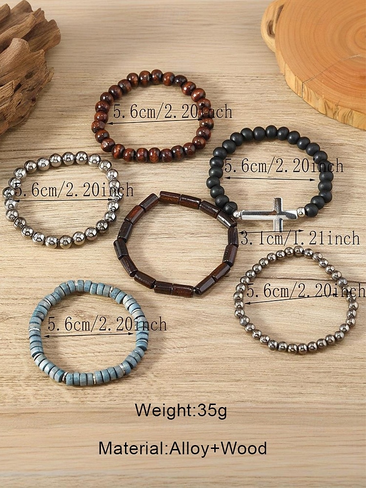 Комплект мужских браслетов из бисера с подвеской в виде креста, многослойные деревянные и металлические эластичные браслеты, модные украшения в стиле бохо для повседневной носки, вечеринок и повседневной носки 2026 - $11.99 –P6