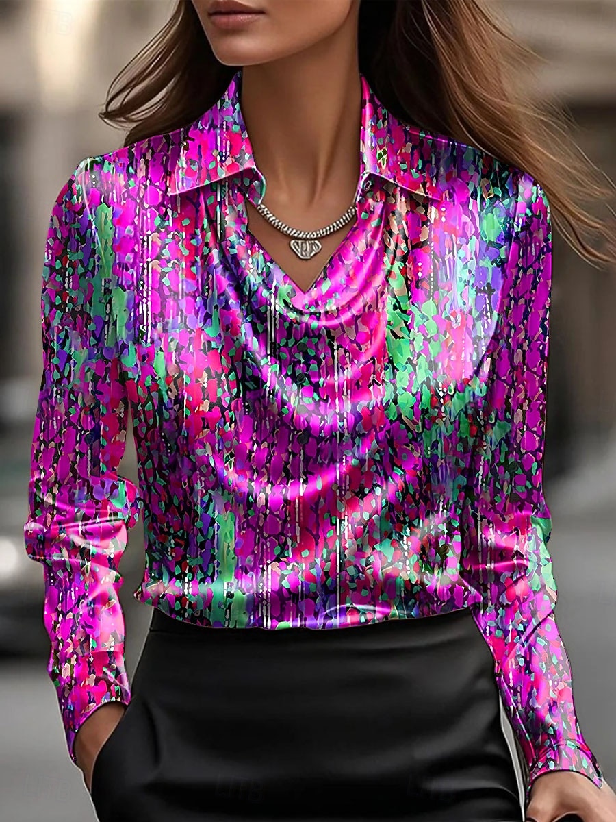 Per donna Camicia Arricciato Drappeggiato Ombre Grafico Elegante Casual Manica Lunga Scollo a Cascata Top Regolari Quotidiano Lavoro Abbigliamento da sera Blu Giallo Viola Arancione Estate Autunno del 2026 a $32.99 –P4