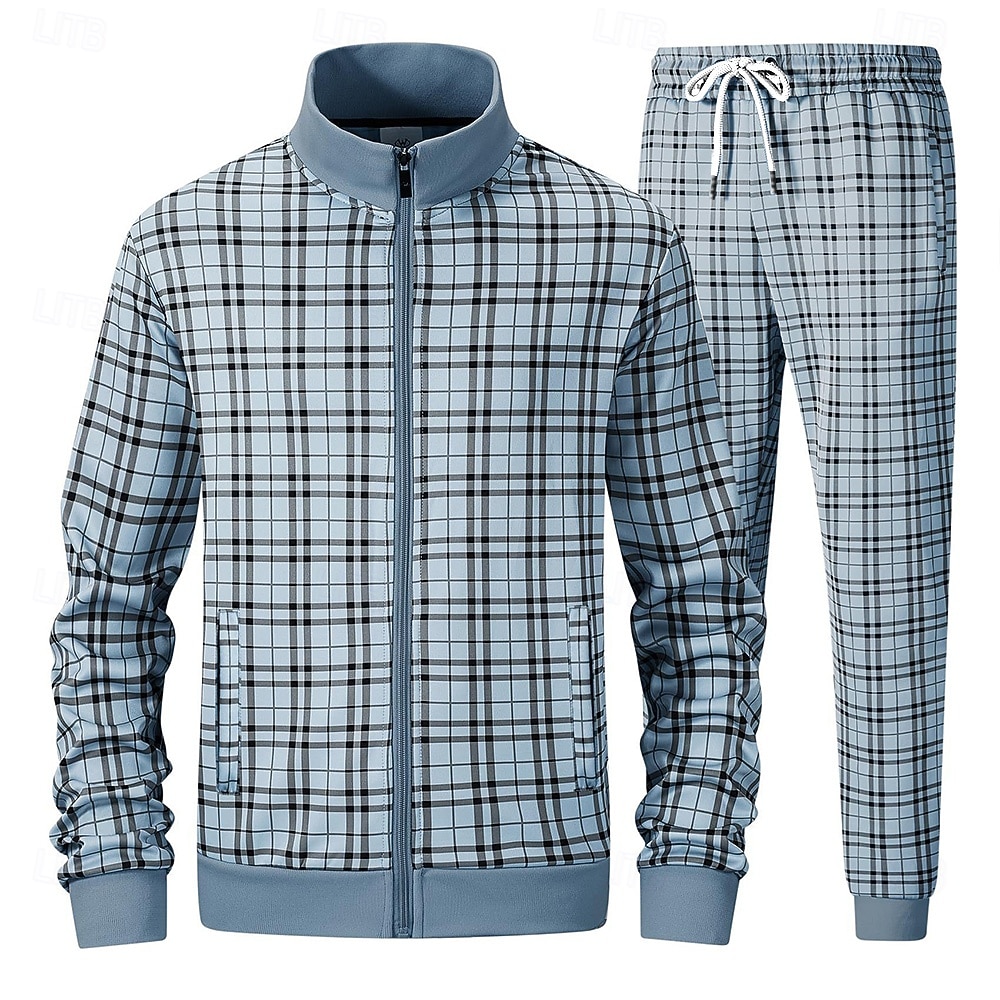 Herr Rutig Geometrisk 2st 3D-tröja set Träningsoverall Zip Up sweatshirts Långärmad Långa byxor Hög krage Sportig Utomhus Semester Sport Tryckt Dragkedja Vår Höst Grå Marinblå Ljusblå 2025 - $46.99 –P3