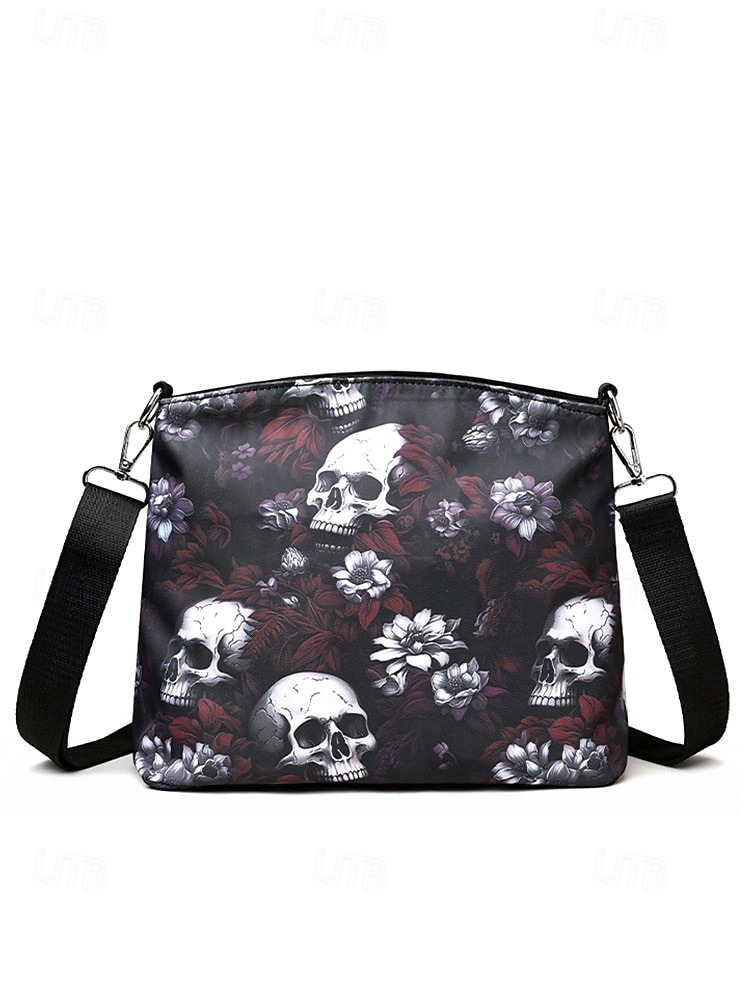 Borsa a tracolla da donna con stampa teschio – motivo floreale gotico, borsa casual in similpelle per feste di Halloween e uso quotidiano del 2025 a $18.99 –P8