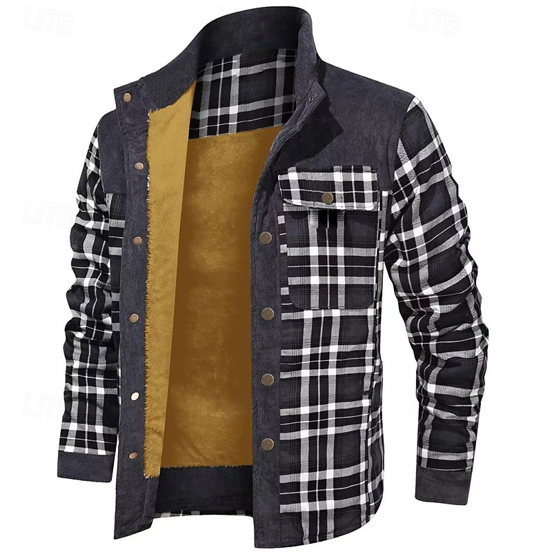 Homens Casaco puffer Jaqueta de Camisa Casaco de lã Jaqueta casual Férias Diário Térmico / Quente Bolsos Tosão Outono Inverno Xadrez Moda Roupa de rua Colarinho Chinês Padrão Preto Vermelho Verde de 2025 por $62.99 –P5
