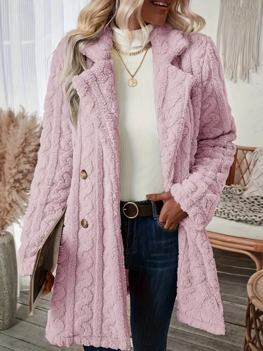 Dames Fleecejack Teddy jas Houd Warm Ademend Zak Met fleece gevoerd Casual Effen Vakantie Straat Casual Alledaagse kleding Dubbele rij knopen Lang Ingesneden revers Normale pasvorm Lange mouw 2025 - $44.99 –P6