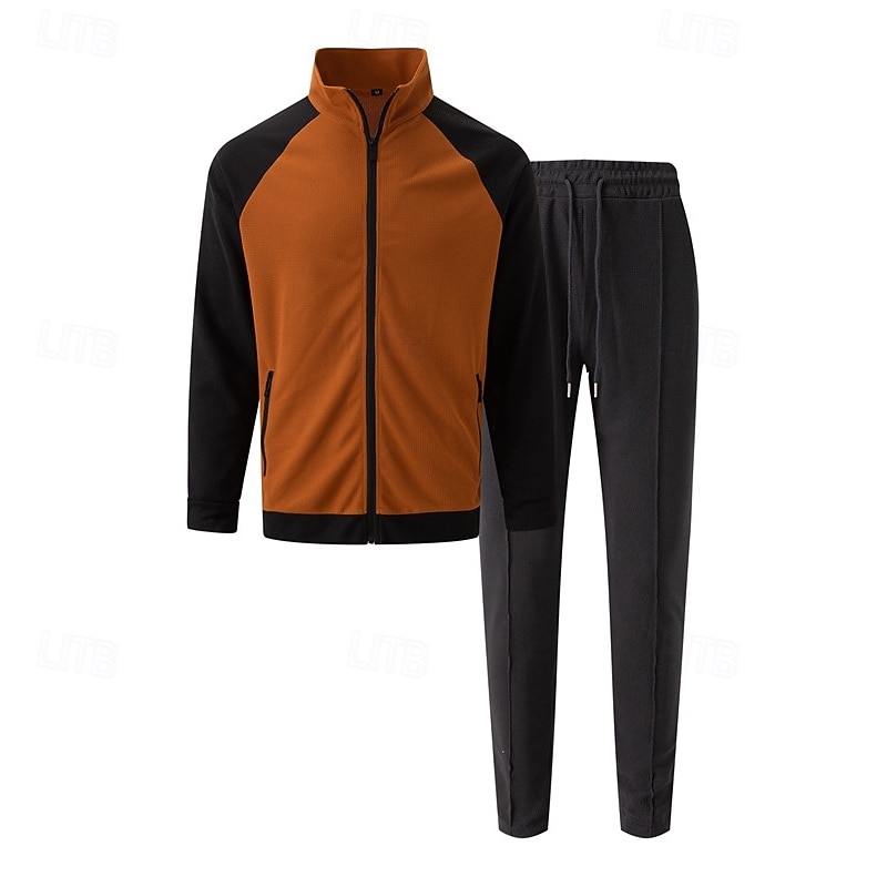 Men's Sweatshirt Tracksuit Outfit Set Stand Collar Outdoor Daily Sports Drawstring Zip Up Pocket Color Block White Brown Khaki Polyester Activewear Fashion Streetwear Spring 2025 - $36.99 –P2