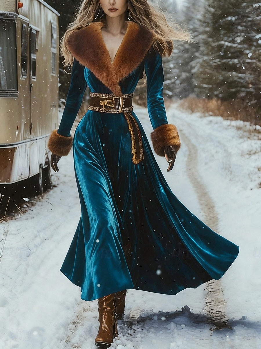 Damen Maxikleid A Linie Kleid Lässig Täglich Normale Passform Einfach Ethnisch Langarm V Ausschnitt Blau Herbst Winter 2025 - $46.99 –P1