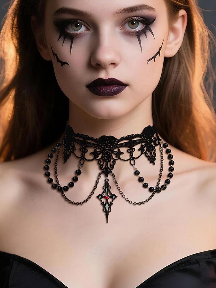 Zestaw damski naszyjnik i kolczyki w stylu gotyckim z koronką na Halloween – czarna koralikowa biżuteria wampirza na imprezę kostiumową i cosplay 2025 - $11.99 –P3
