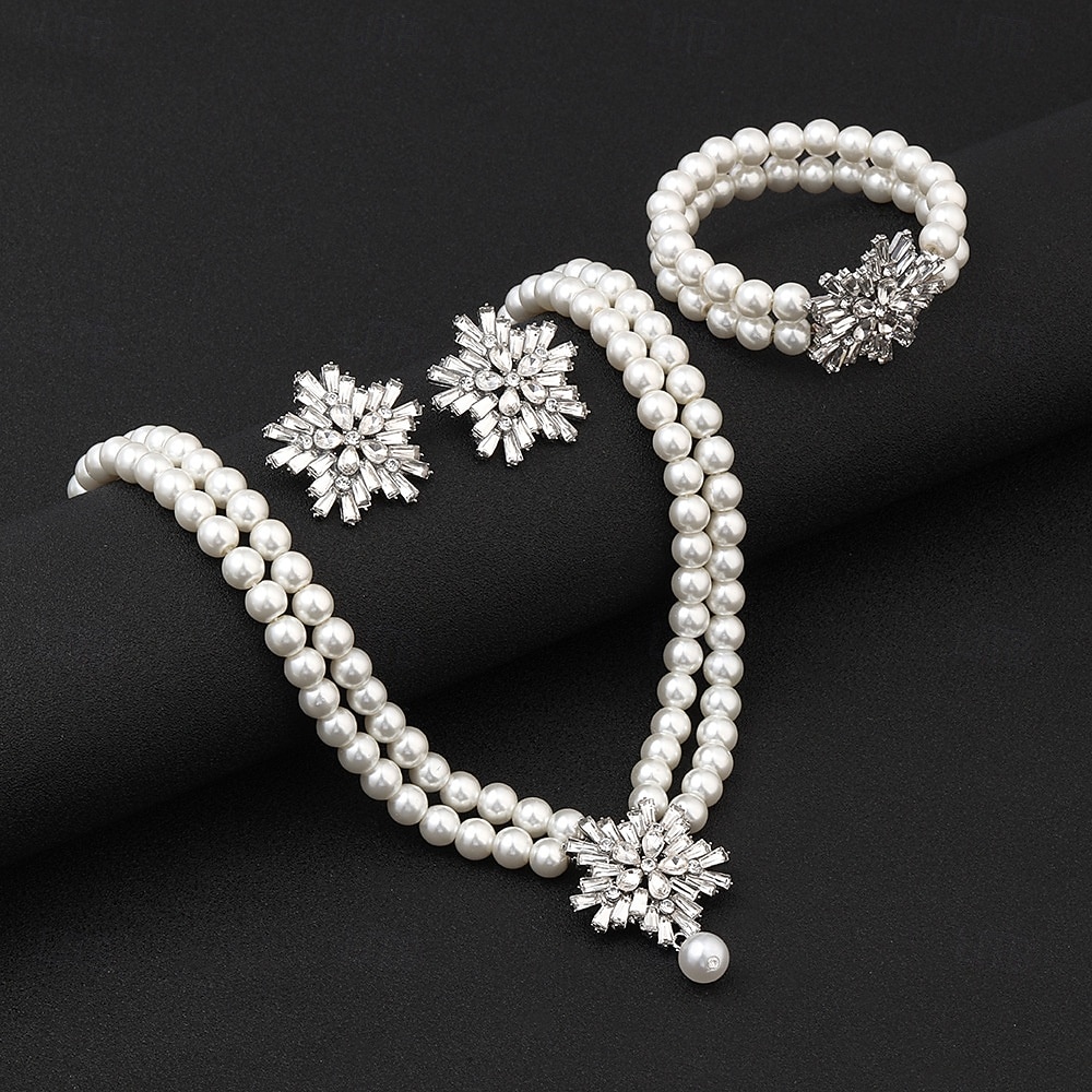Women's Pearl Jewelry Set with Crystal Flower Accents - Vintage Gatsby Style Necklace, Earrings and Bracelet for 1920s Party and Cocktail Events 2025 - $19.99 –P1