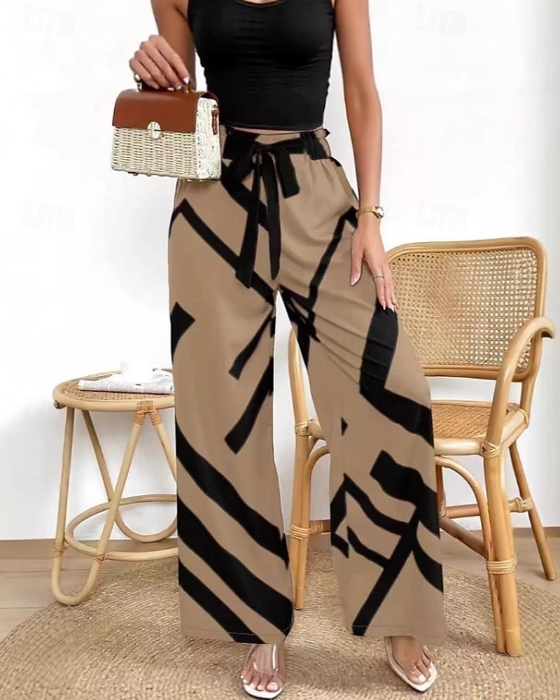 Women's Culottes Wide Leg Chinos Streetwear Casual Full Length Medium Waist Geometric Pattern Elastic Waist Comfortable Micro-elastic Daily Outdoor Street Brown Spring Fall Loose Fit 2026 - $19.99 –P3