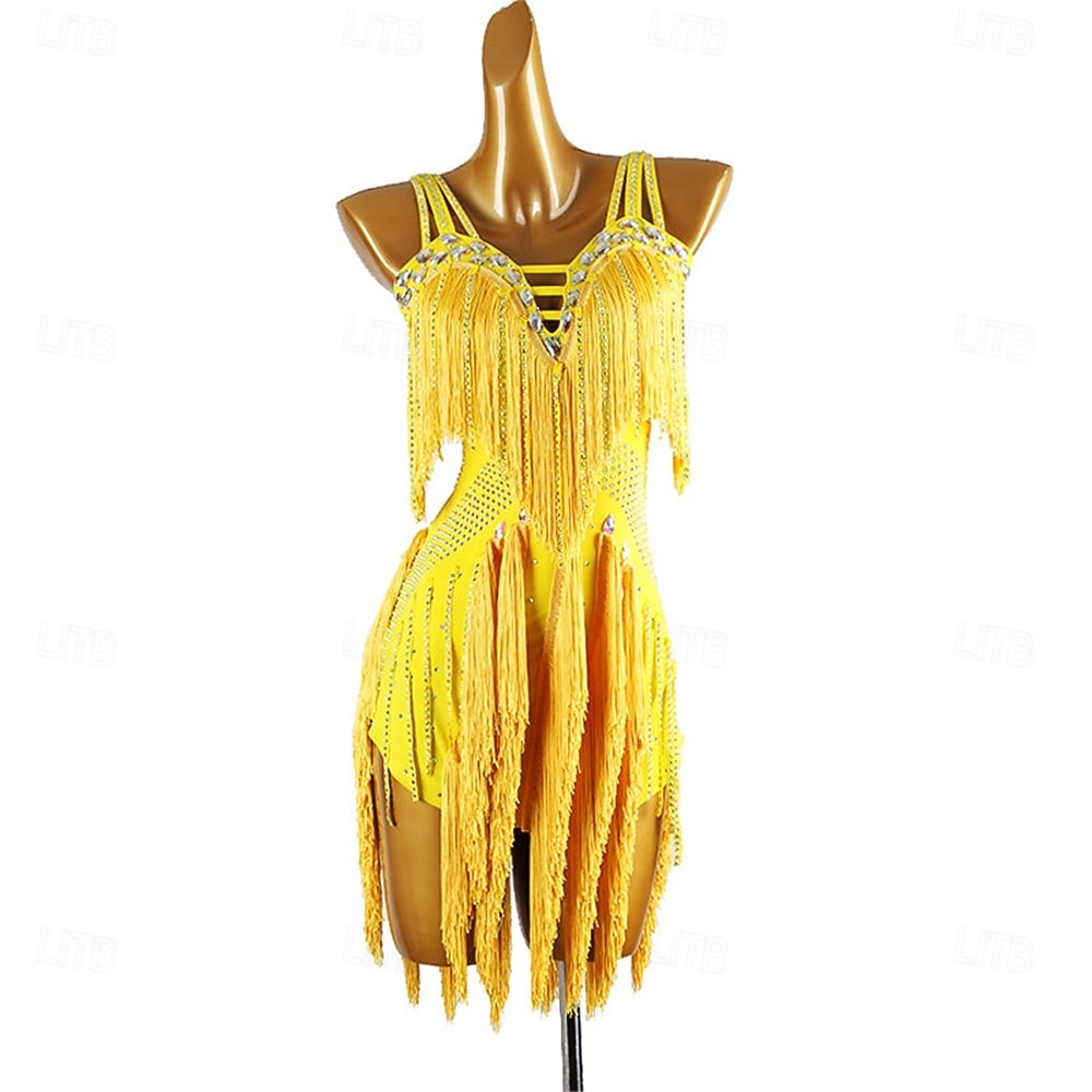 Women's Black Fringe Latin Dance Dress with Rhinestone Detailing, Sleeveless, and Crisscross Straps – Perfect for Salsa, Rumba, and Performance Wear 2026 - $222.79 –P9