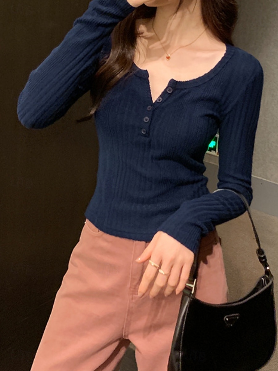 Damen Bluse Knöpfe Einfarbig Stilvoll Lässig Langarm Rundausschnitt Normale Oberteile Täglich Marineblau Dunkelgray Grau Frühling Herbst Winter 2026 - $21.99 –P12