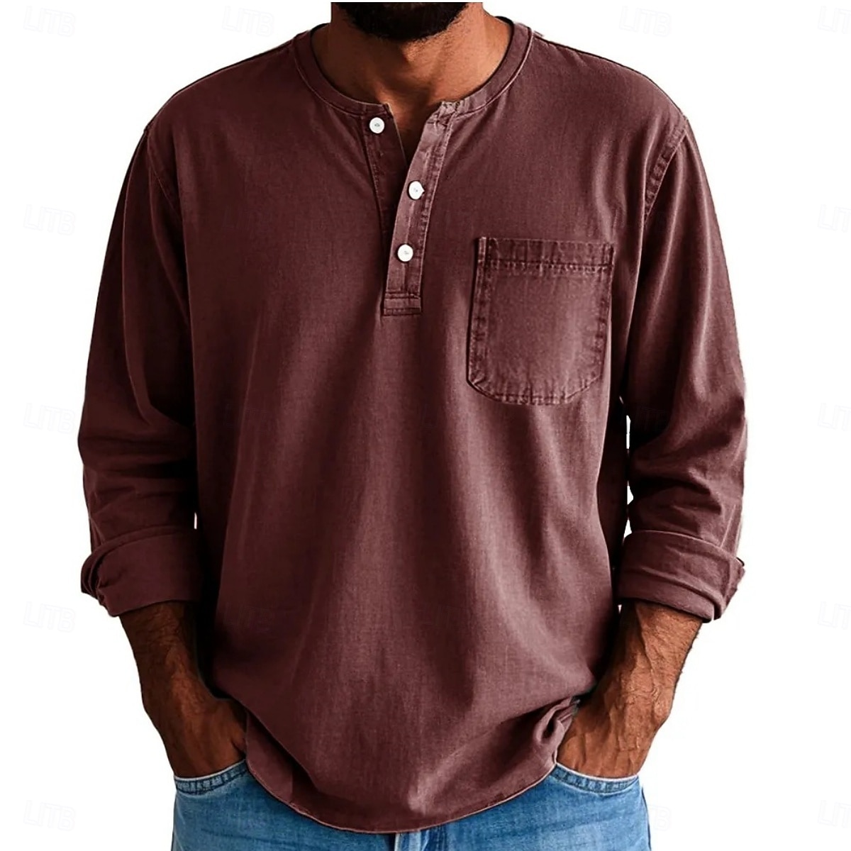 2026年 男性用 ヘンリーシャツ Tシャツ コットン100% アシッドウォッシュシャツ ヘンリートップ 長袖 純色 平織り ヴィンテージ ファッション レトロ風 色褪せた ボタン ヘンリー カジュアル 日常 アウトドア 夏 春 オールシーズン ブルー ダークレッド ブラック ヘンリーTシャツ  コレクション – $31.99 –P4