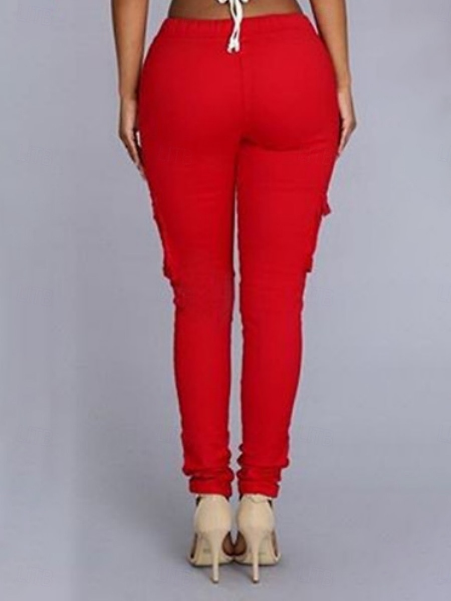 Mulheres chinês calças justas Moda Roupa de rua Casual Comprimento total Cintura Alta Tecido Com Cordão Bolsos Confortável Macio Micro-Elástica Ao ar livre Rua Branco Verde Tropa Vermelho Verão de 2025 por $19.99 –P9