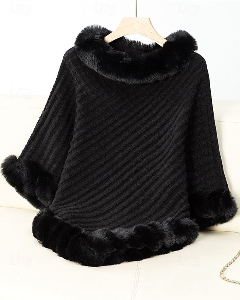 Damen Pullover Schultertuch Elegant Mode Streetwear Einfarbig Gerippt Rollkragen Gestrickt Asymmetrischer Saum Kunstpelzbesatz Halbarm Normale Oberteile Stricken Outdoor Täglich Wochenende Weinrot 2025 - $39.99 –P14