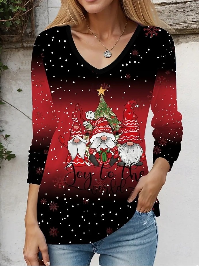 Χριστουγεννιάτικες Γυναικείες Φανέλες Γραφικά Vintage Στυλάτη Κλασική Μακριά Μανίκια V Λαιμόκοψη Κανονικά Tops Καθημερινά Εκτύπωση Λευκό  Μαύρο Μαύρο+Λευκό+Κόκκινο Μαύρο Κρασί Κόκκινο Άνοιξη 2026 - $28.99 –P5