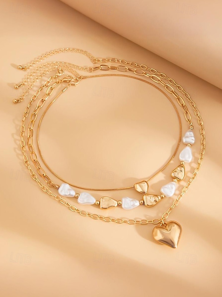 Damen-Mehrfachkette mit Herzanhänger – goldenes Kettenhalsband mit Perlenakzenten, Modeschmuck für Partys, Verabredungen und den Alltag 2025 - $9.99 –P5