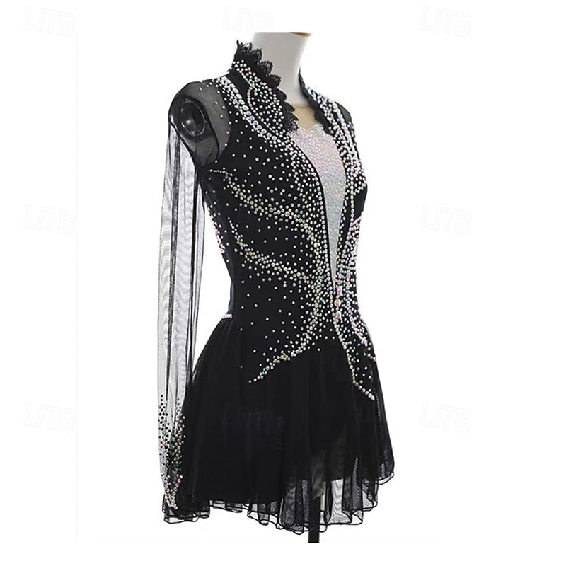 Kunstschaatsjurk Dames Voor meisjes Schaatsen Jurken Zwart Lapwerk Duimopening Netstof Spandex Rekbaar Opleiding Oefenen Professioneel Kunstschaatskleding Thermisch Warm Kristal / Bergkristal Lange 2025 - $257.69 –P5
