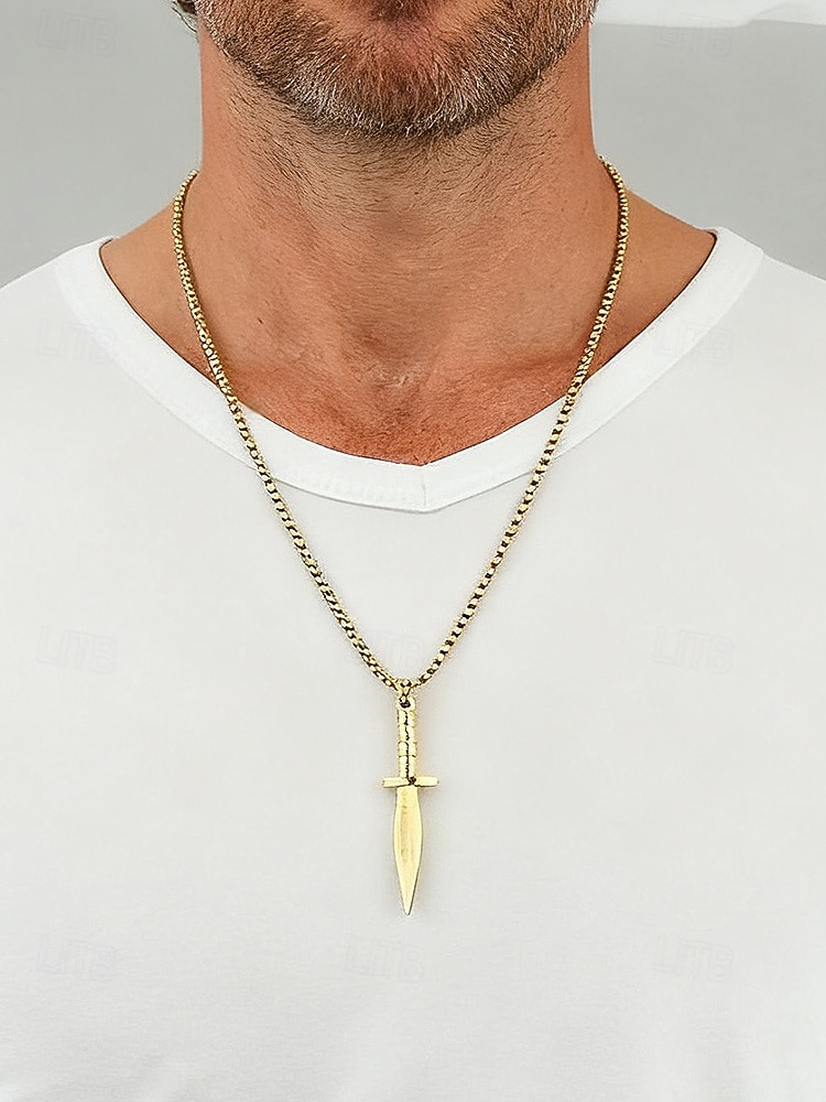 Мужское ожерелье с кулоном в виде кинжала из титановой стали – готическая панк-цепочка с ножом для вечеринки на Хэллоуин, косплея и повседневной носки 2026 - $11.99 –P3