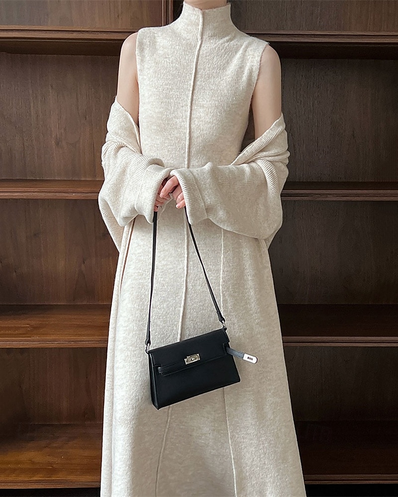 Women's Long Dress Maxi Dress Knit Dress Casual Dress Dress Set Elegant Fashion Modern Outdoor Daily Going out Regular Fit Plain Long Sleeve Stand Collar Beige Winter Autumn 2025 - $56.99 –P5