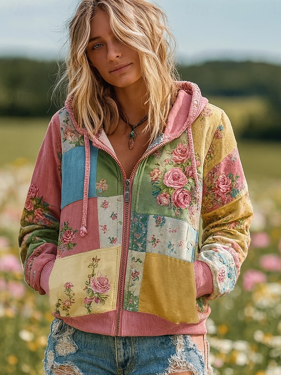 Womens 3D Druck Vintage Boho Kapuzenpullover Patchwork Kapuzenpullover Sweatshirt Floral Reißverschluss Floral Punk Aktiv Vintage Langarm Regular Tops Zuhause Alltagsmode Casual Patchwork Rosa 2025 - $38.99 –P1