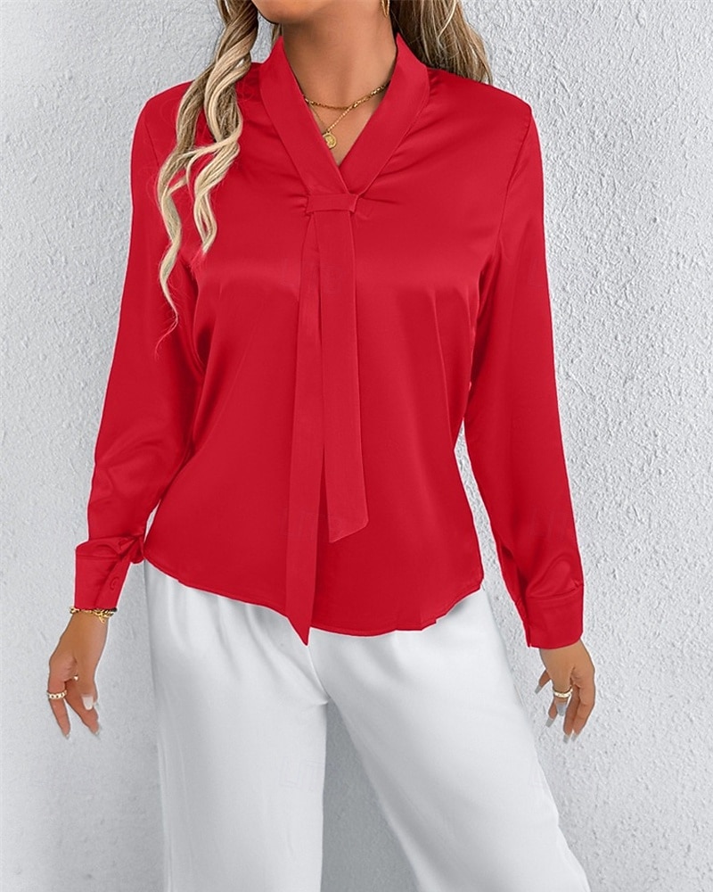 Per donna Camicia Camicia in raso Tinta unica Elegante Casual Manica Lunga Scollo a V Top Regolari Quotidiano Uscire Nodo frontale Rosa Rosso Primavera Autunno del 2025 a $18.99 –P9