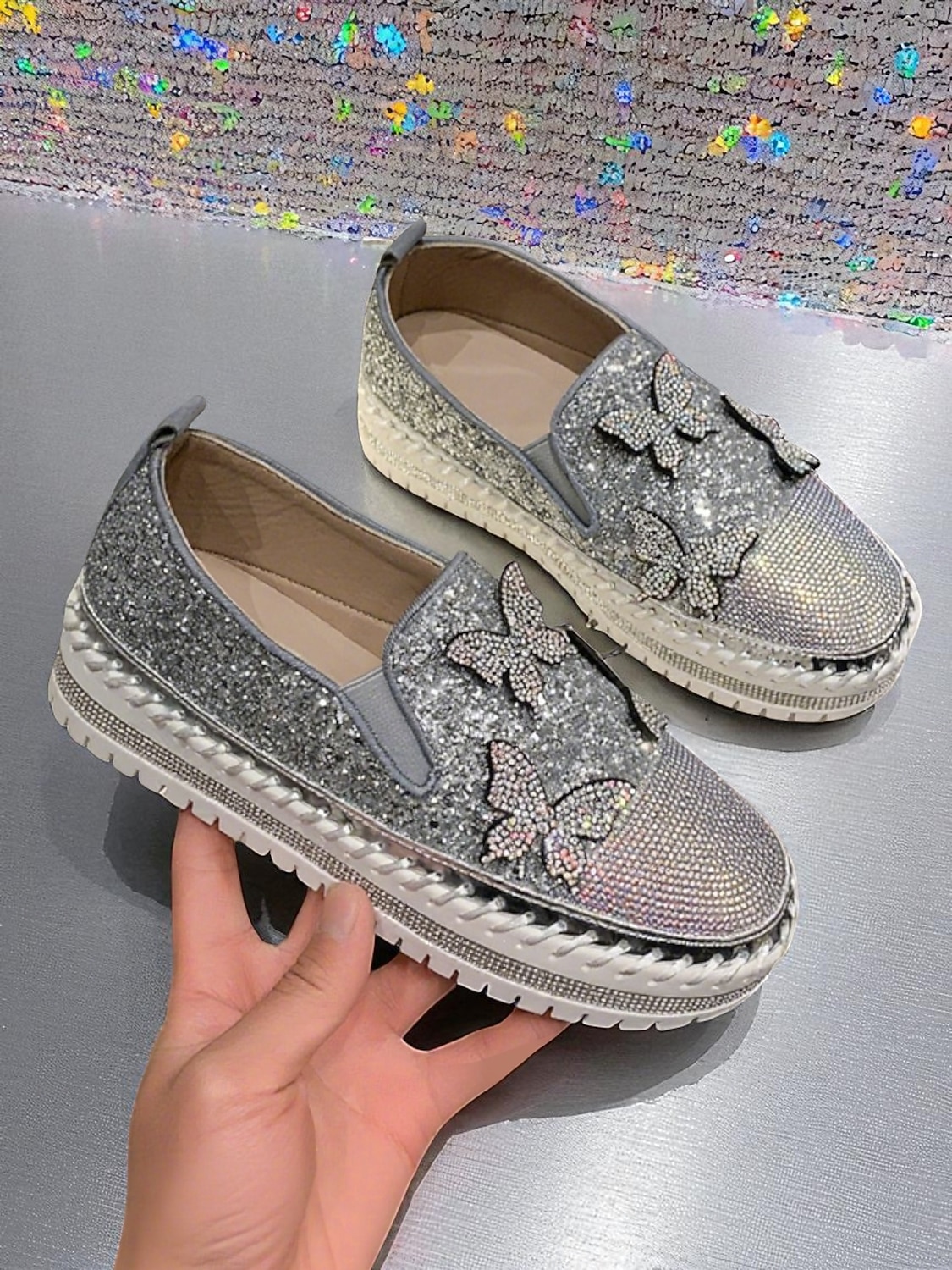 Sneakers slip-on da donna con plateau, glitter viola e design a farfalla in strass - scarpe alla moda per la vita notturna, le feste e le discoteche del 2025 a $32.99 –P5