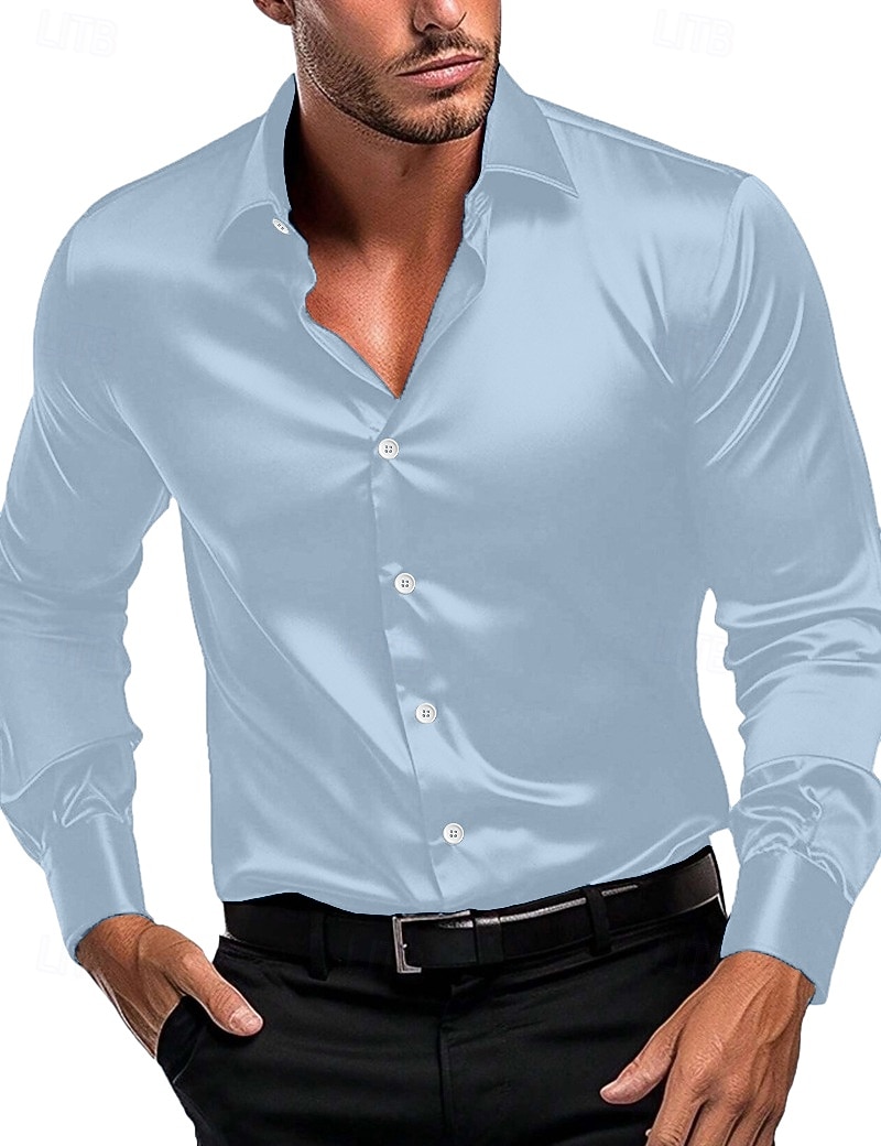 Herren Hemd Satinhemd Freizeithemd Knopfhemd Einfach Hochzeit Urlaub Schwarz Weiß Wein Marineblau Langarm Revers Frühling & Herbst Bekleidung 2025 - $12.49 –P17