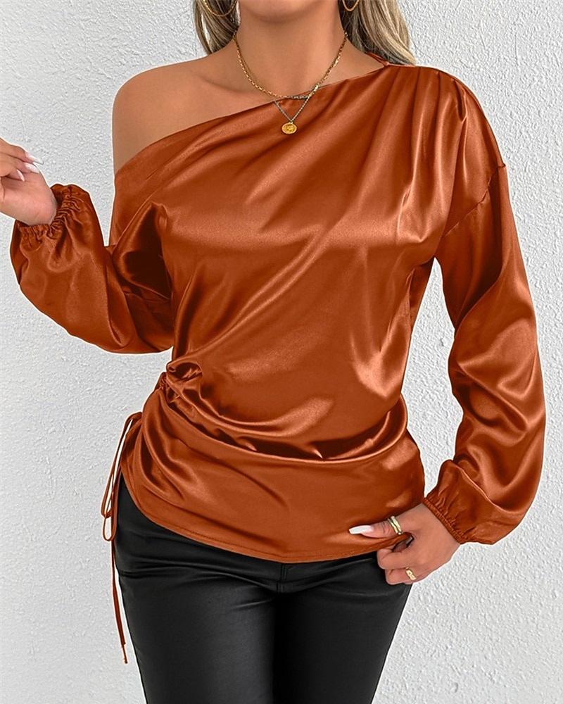 Dames Overhemd Satijnen overhemd Effen Kleur Stijlvol Casual Lange mouw koude schouder Normale tops Dagelijks Uitgaan Asymmetrisch Geel Bruin Lente Herfst 2025 - $24.99 –P5