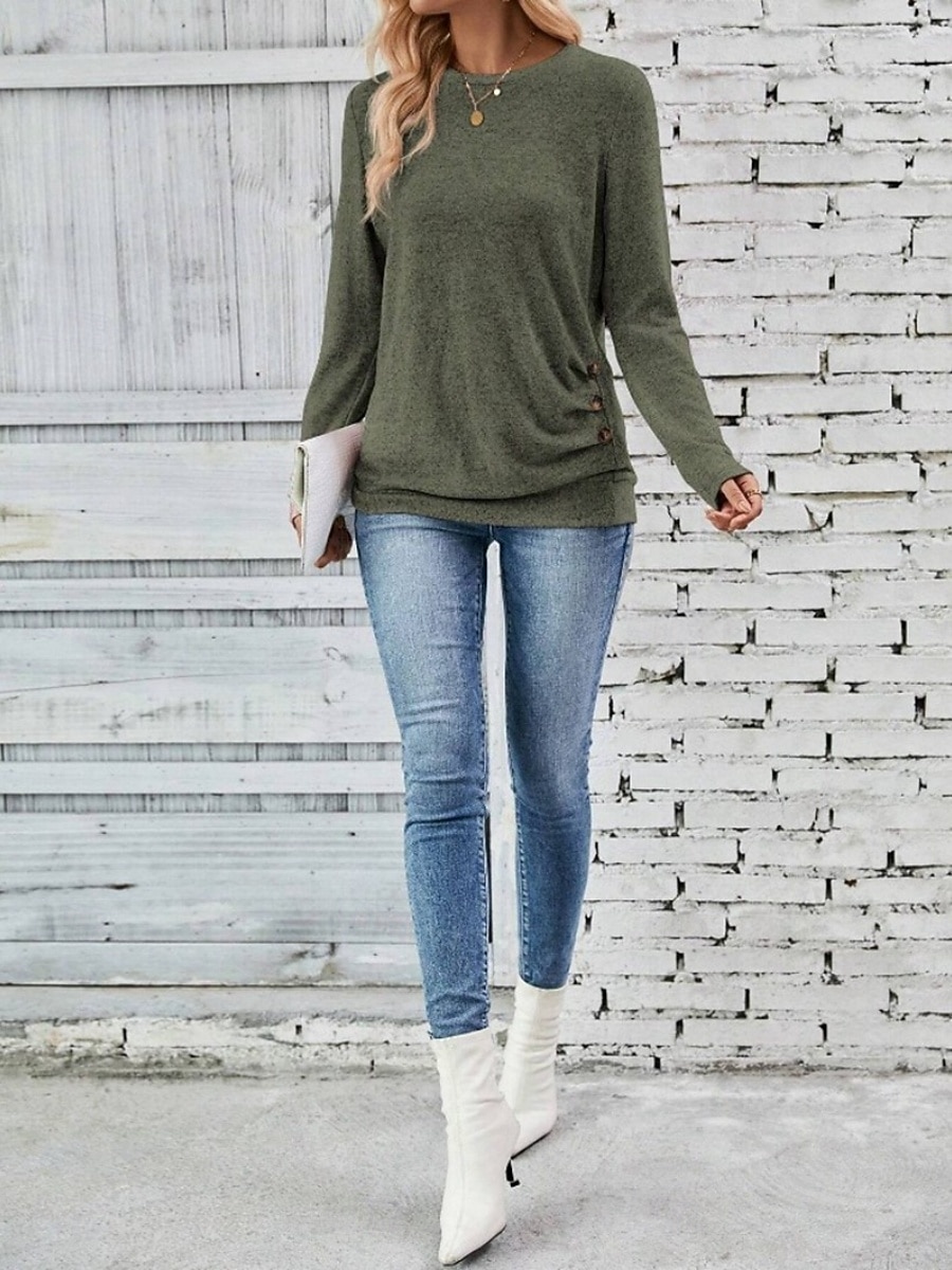 Dame Bluse Helfarge Tropisk Stilfull Fritid Langermet Crew-hals Vanlige topper Daglig Knapper Rosa Himmelblå Grønn Grå Sommer Vår Høst 2025 - $23.99 –P24
