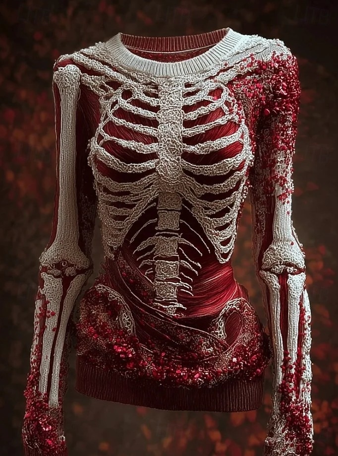 Kvinners Genser Søtt Gateklær Løs Grafisk Skjelett Rund U-hals Patchwork Strikket Lang Erm Vanlige Topp Strikk Svart Rød Høst Vinter 2025 - $29.99 –P5