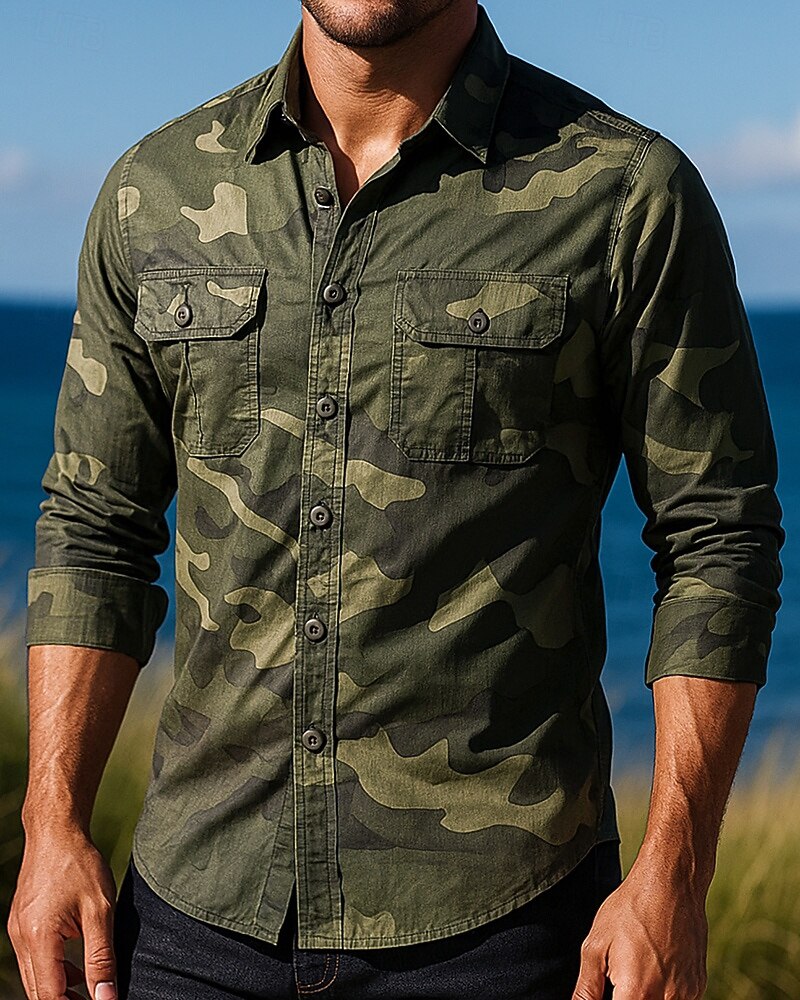 Hombre camisa cargo Camisa para senderismo Manga Larga Cuello Vuelto Camiseta Al aire libre Transpirable Algodón Color Camuflaje Verde Ejército Caqui Gris Tenis Golf Corriendo 2025 - $32.99 –P3