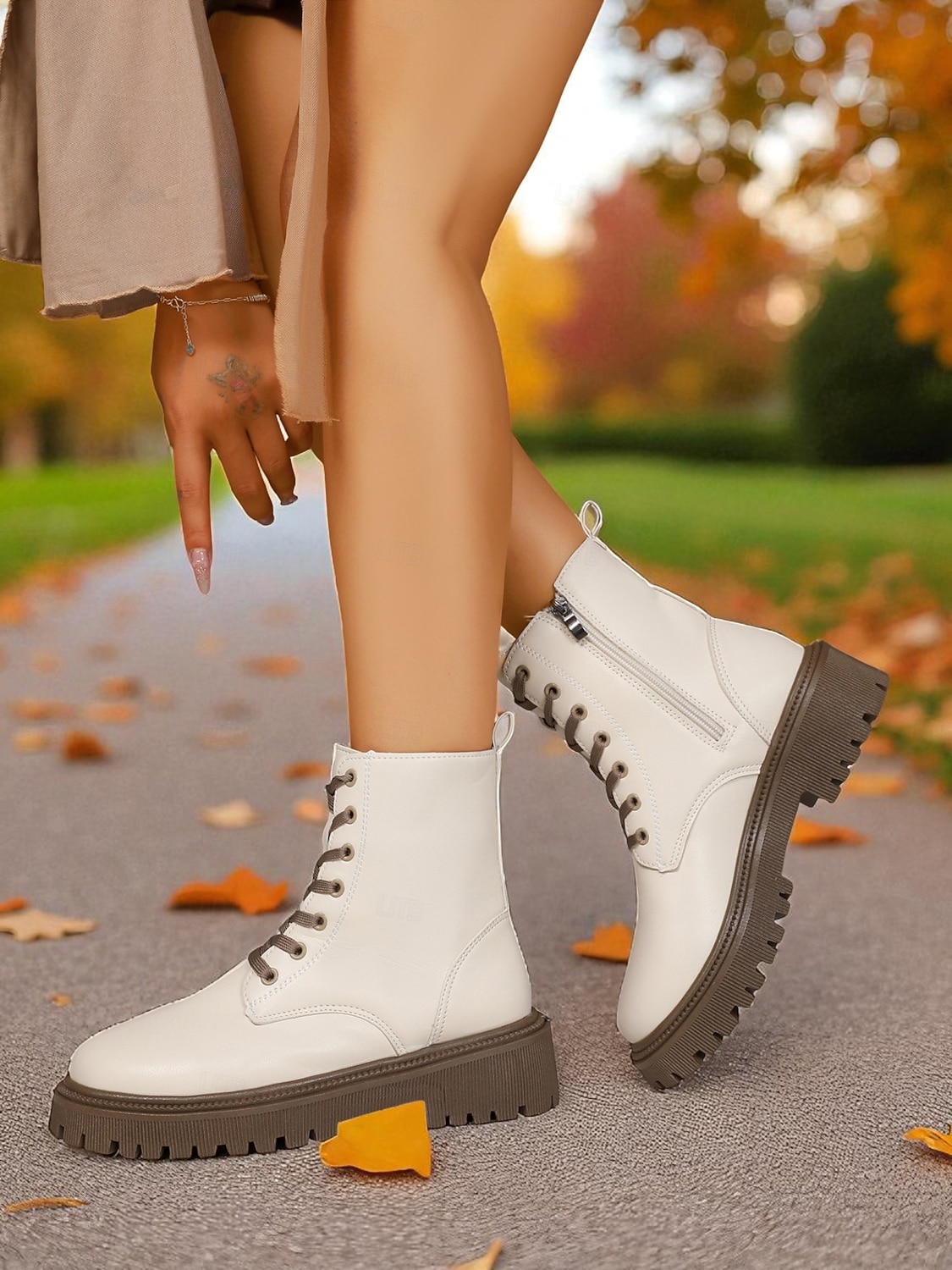 Женские белые ботинки из искусственной кожи на шнуровке с боковой молнией и массивной подошвой — стильные армейские ботинки для кей-попа, уличной моды и повседневных образов. 2026 - $34.99 –P4