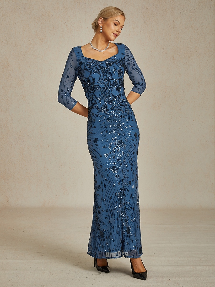 Damen Pailletten Maxikleid Etuikleid Trompete Meerjungfrau Kleid Bodycon Kleid Elegant Formal Cocktailabend Feier Floral 3/4 Länge Ärmel V-Ausschnitt Pfauenblau Frühling Herbst Winter 2025 - $199.99 –P9